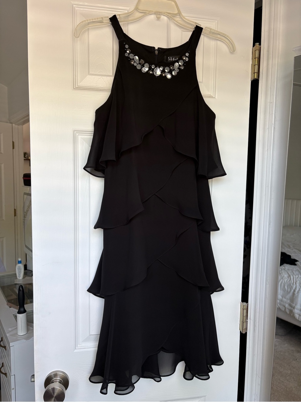 S.L. Fashions Black Tiered Midi Dress with Jewel Embellished Neckline